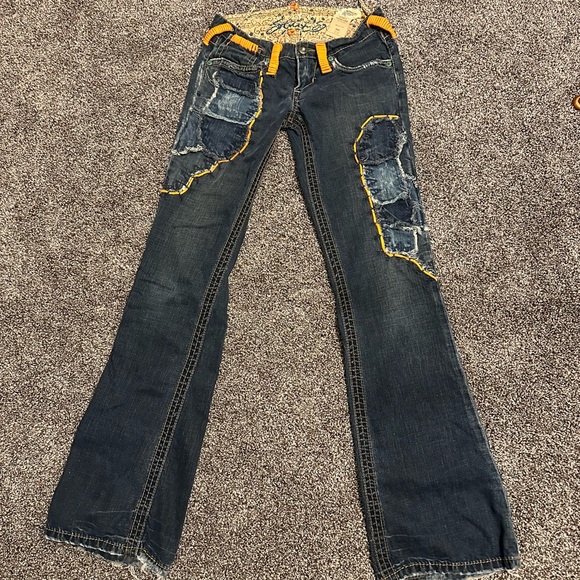 Hand Crafted Blue with Orange Deerskin Lace  Flare Jeans in a size 25 - Picture 1 of 7
